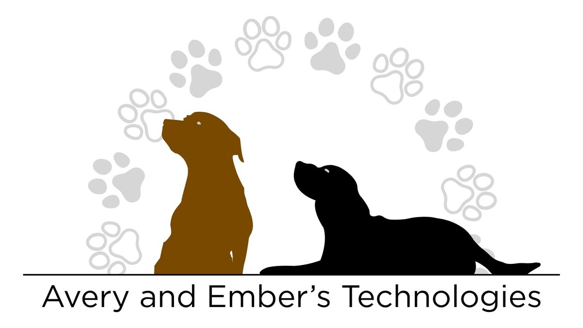 Avery, a brown dog sitting, and Ember, a black dog lying down, under an arch of paw prints